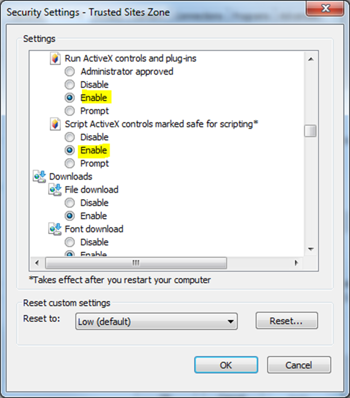 Run ActiveX controls and plug-ins and Script Active X controls marked safe for scripting selected and highlighted